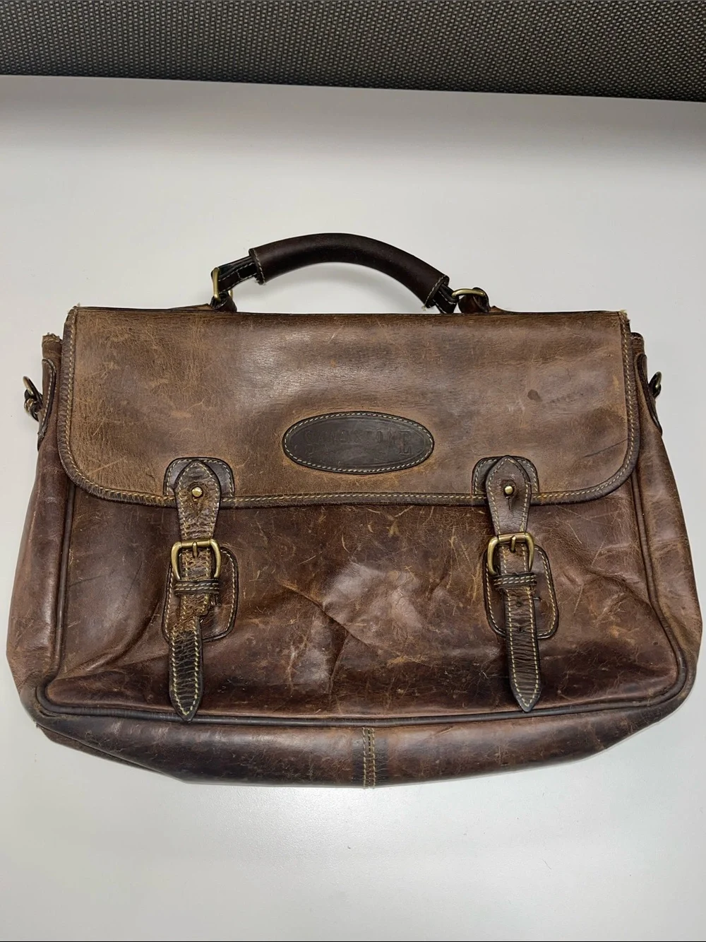 Sandstone Vintage Distressed Brown Leather Briefcase with Buckle Closure